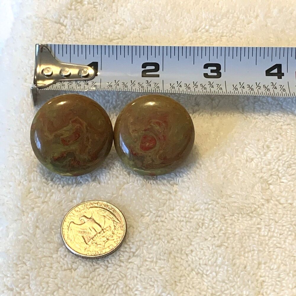 Vintage Bakelite Button Clip On Earrings 1" Marbled Brown Green Red Swirl Tested